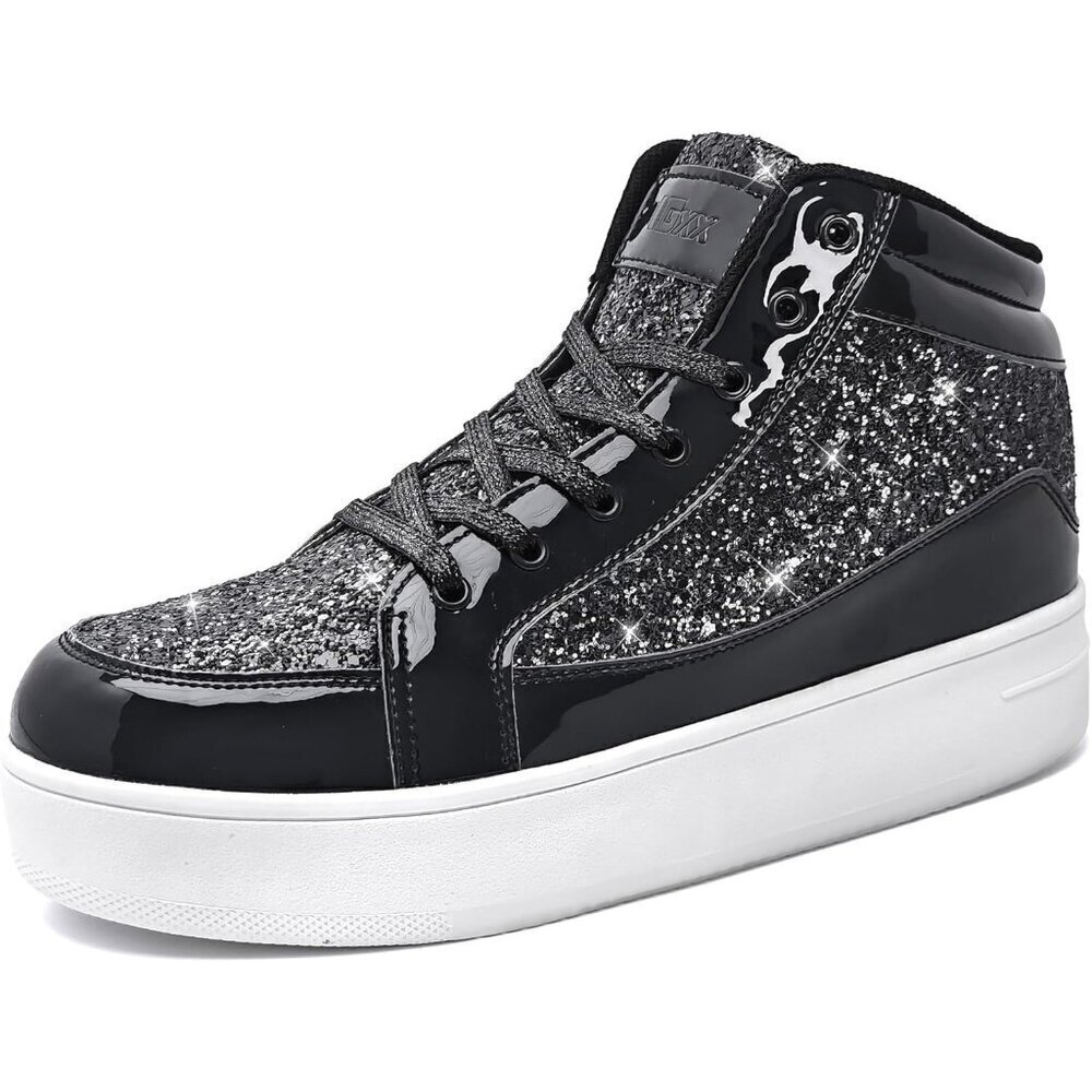 Women's Black Shiny Glitter Sequin Shoes High Top Sneakers Fashion Bling